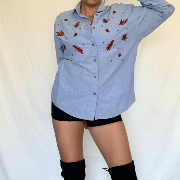 90s Vintage Embroidered Fall Denim Button Down - Picture 8 of 11
